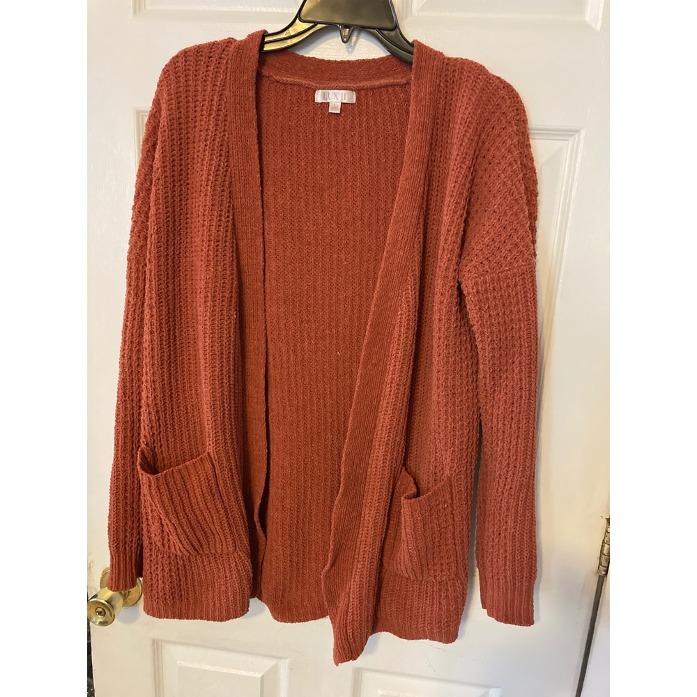 Lux II‎ Terracotta Rust Orange Open Front Waffle Knit Cardigan Sweater Large